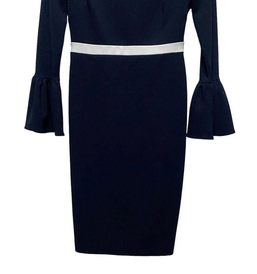 Calvin Klein Women Sz 2 Blue Crew Neck Flare Sleeve Contrast Piping Sheath Dress - Image 2