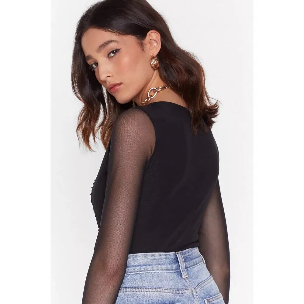 Nasty Gal Black Mesh Long Sleeve Ruched Square Neck Thong Bodysuit Top Size 4 - Image 2
