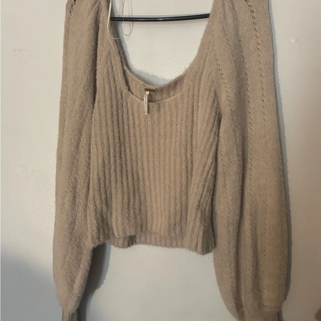 Free‎ People Beige Ribbed Knit Puff Sleeve Crop Sweater Women’s XL - Image 5