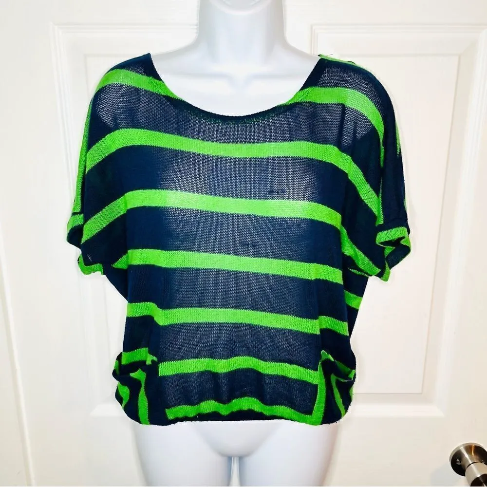 Chris & Carol Open Knit Dolman Short Sleeve Green Stripe Sweater Navy Blue S - Image 4