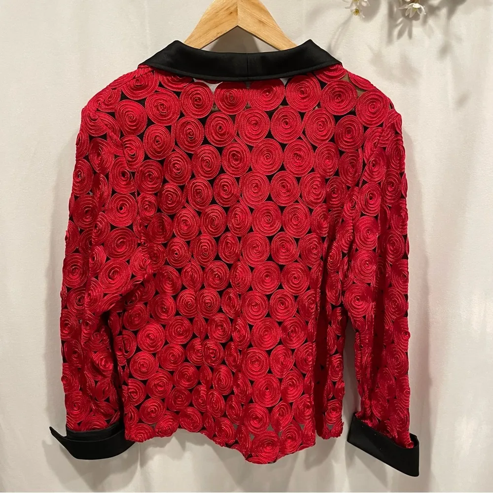 Vintage 80’s tuxedo rad 3D swirl mesh black collar french cuff zip front jacket - Image 4