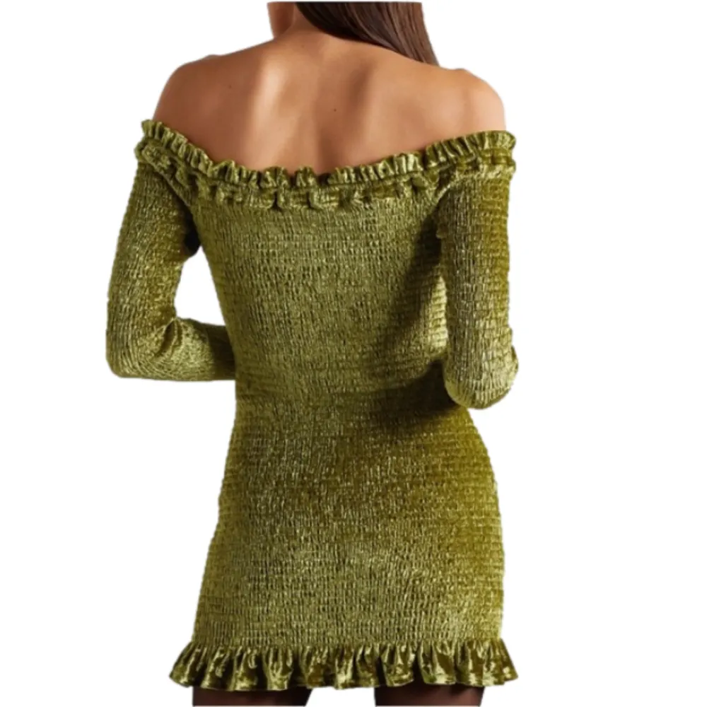NWT Caroline Constas Megara Off the Shoulder Shirred Stretch Velvet Mini Dress Green - Image 3