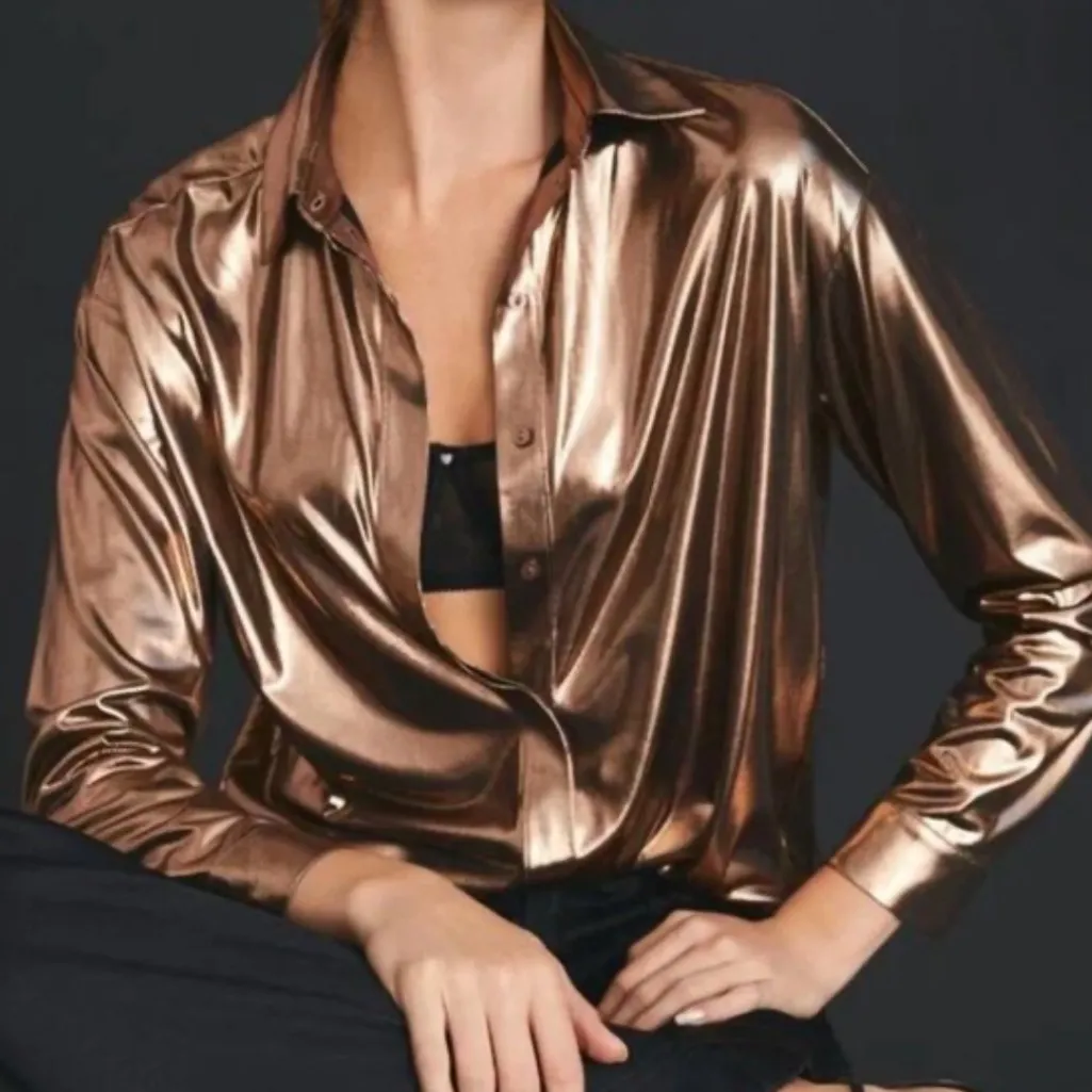 Anthropologie The Gillian Liquid Shine Buttondown Shirt Copper - Image 17