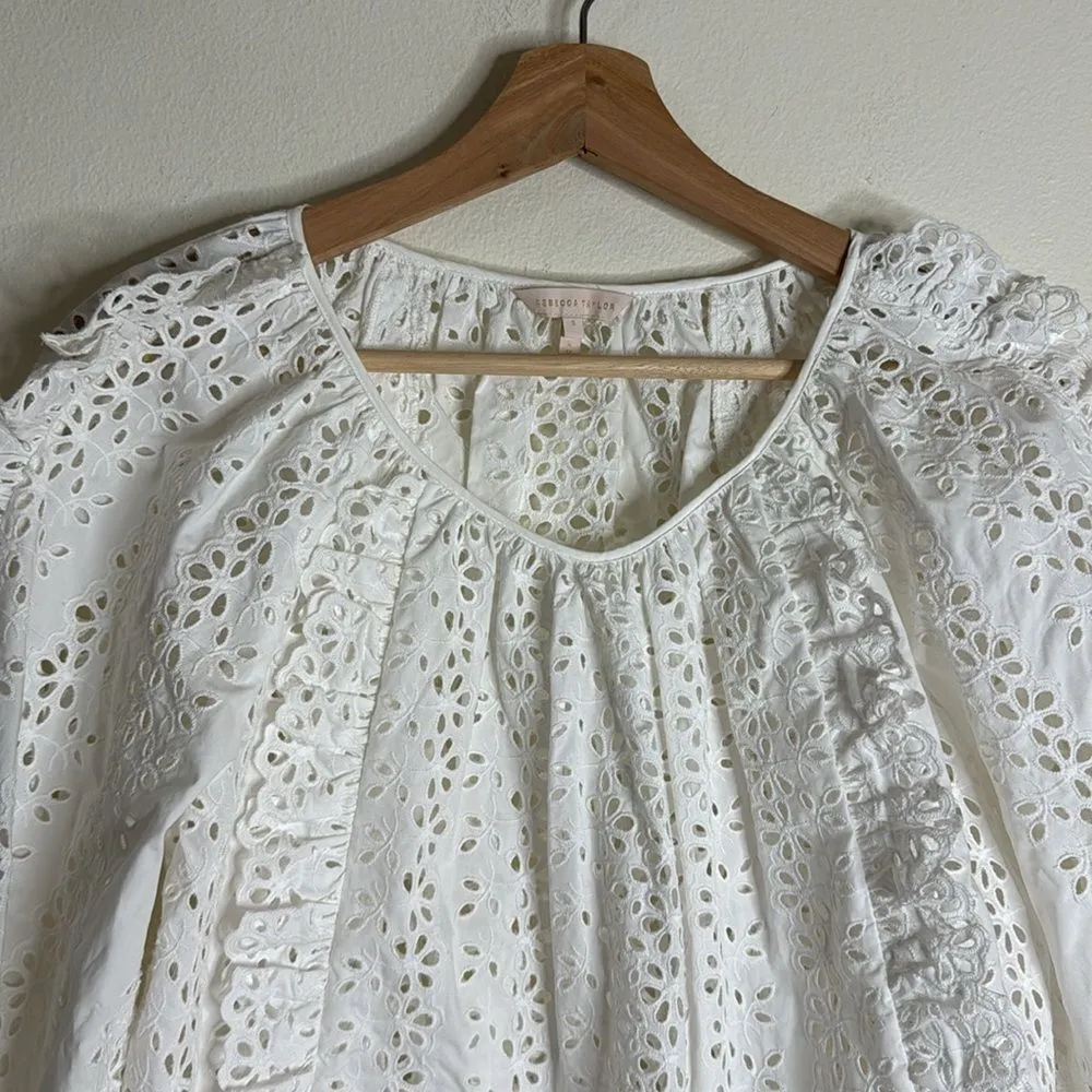 Rebecca Taylor ladies White Embroidered Lace Puff Sleeve eyelet blouse Top XS - Image 2