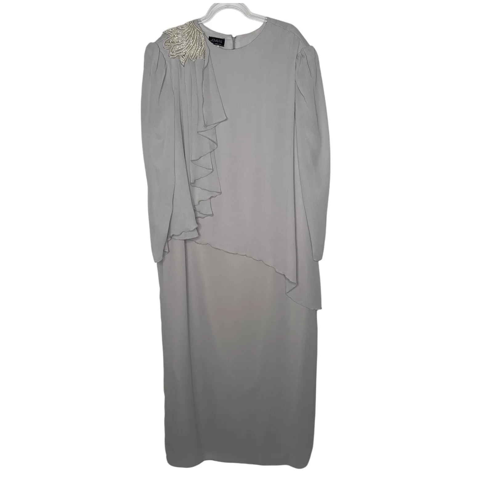 Vintage 1980s–1990s Jovani New York Beaded Shoulder Grey Chiffon Evening Gown 28 - Image 2