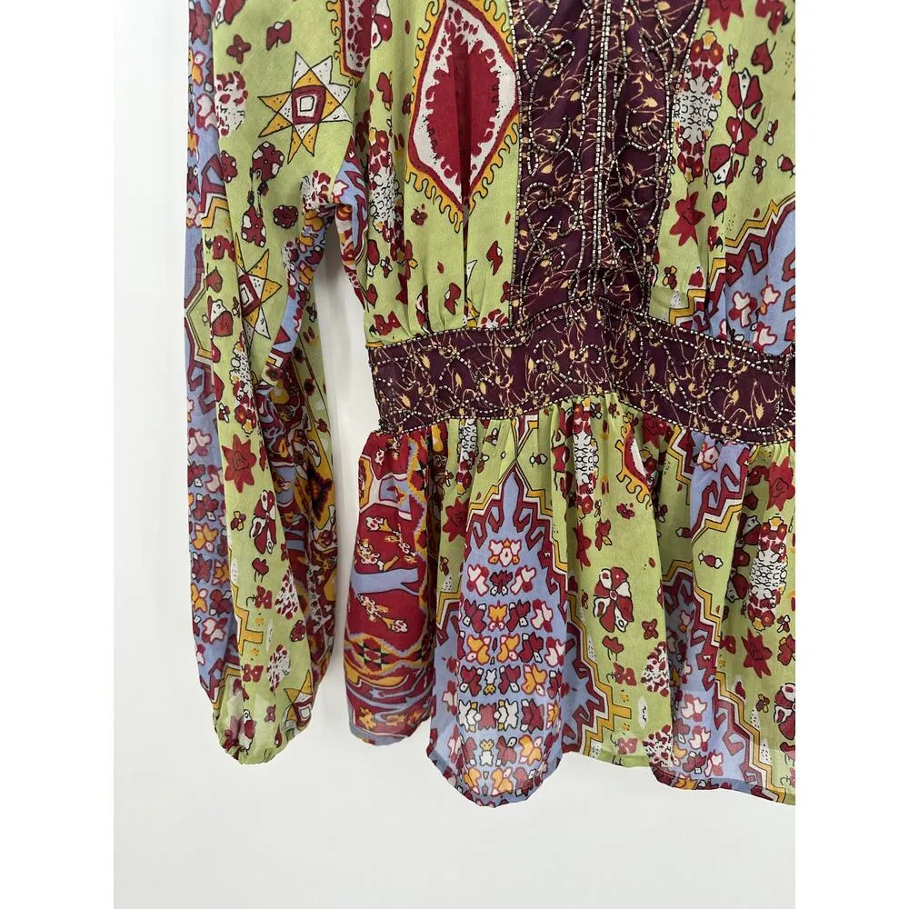 Cato Collection Womens Boho Babydoll Top Y2K Size Medium Festival Gypsy Beaded M Green - Image 3