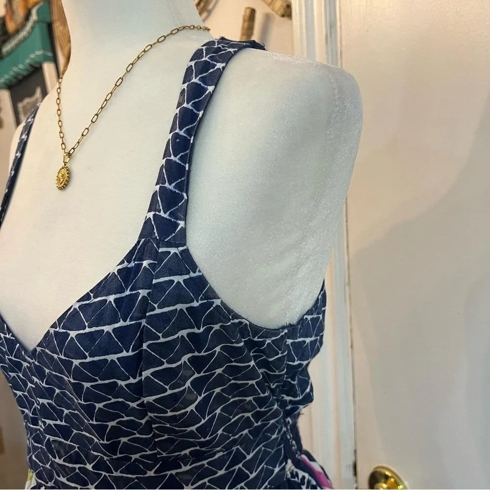 Vintage Y2K Roxy Sundress Navy White Fuchsia Printed V‑Neck W Sz XL - Image 4