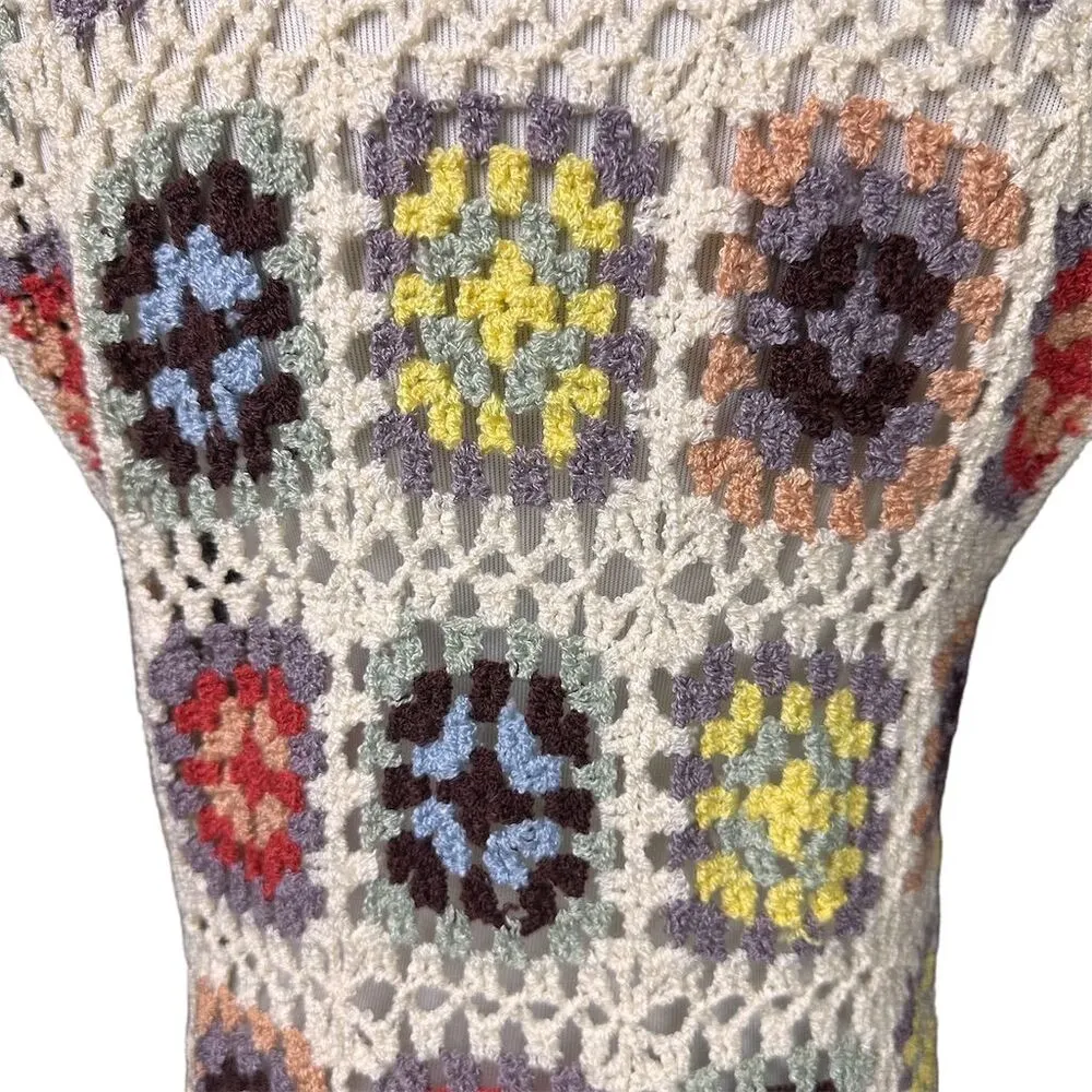 POL Women's Boho Crochet Patchwork Duster Multicolor Size S Afghan Sleeveless - Image 5