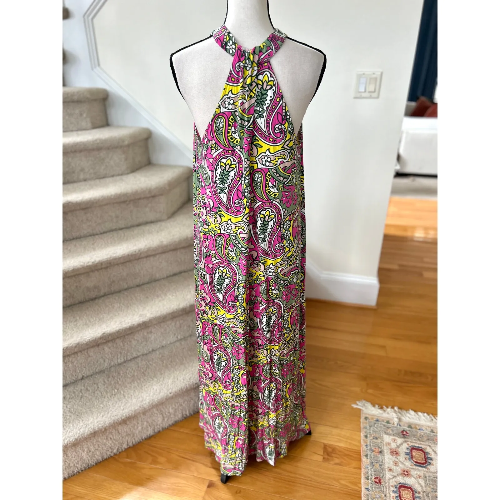 Boden Pink Yellow Green Paisley Halter Jersey Maxi Sleeveless Dress Size 12 - Image 5