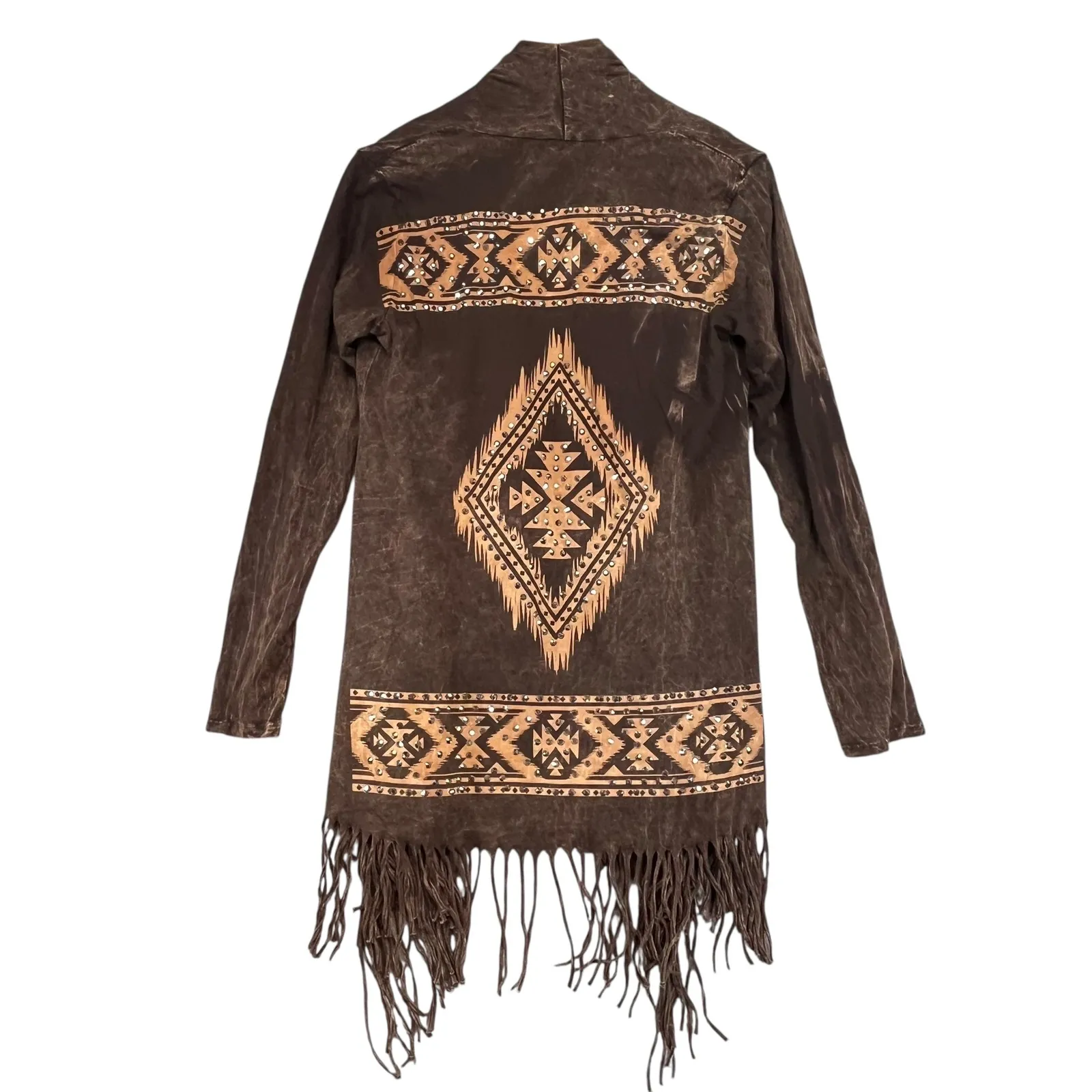 Vocal‎ Women's Brown Aztec Tribal Print Fringe Open Front Cowgirl Cardigan Small - Image 3