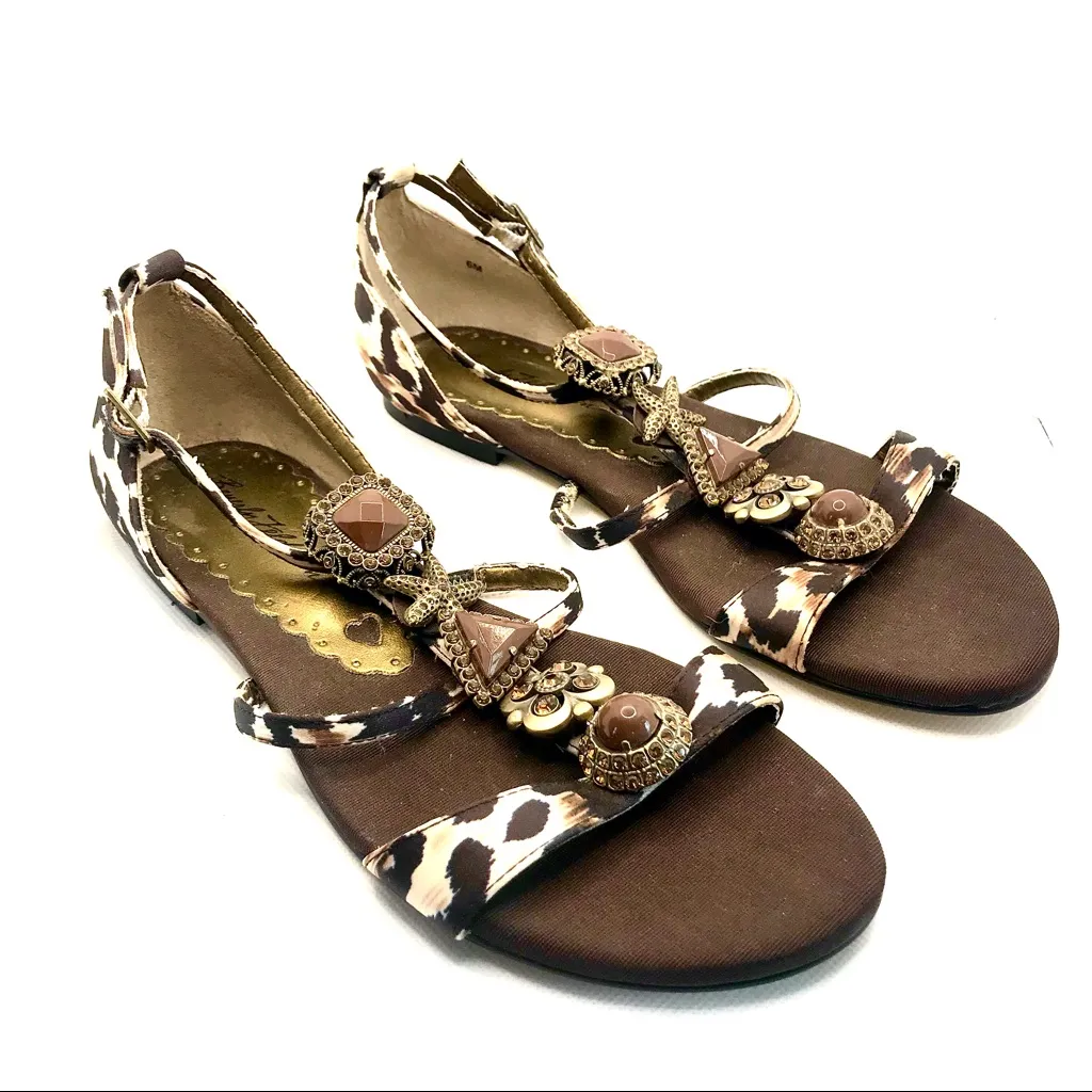 BEVERLY FELDMAN JEWELED ANIMAL PRINT AND OCEAN THEMED BROWN SANDALS (6) - Image 3