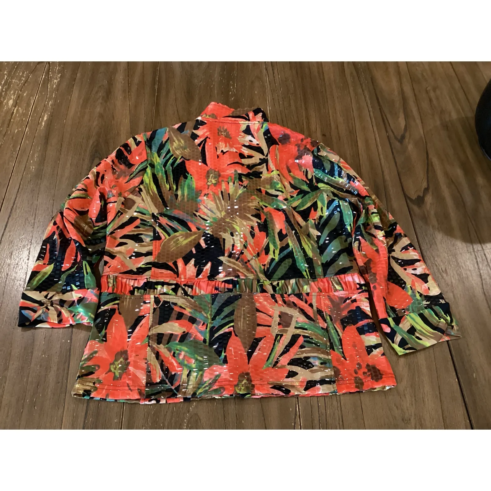 Toni Morgan Jacket Shiny Floral Orange Black Multi Zip Front 3/4 Sleeve Size M Pink Size M - Image 10