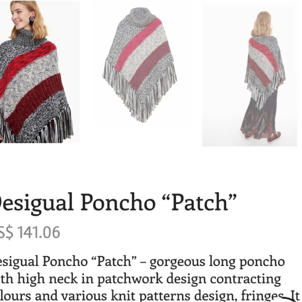 Desigual One Size Fits Most Multicolor Cowl Neck Fringe Hem Asymmetrical Poncho - Image 4