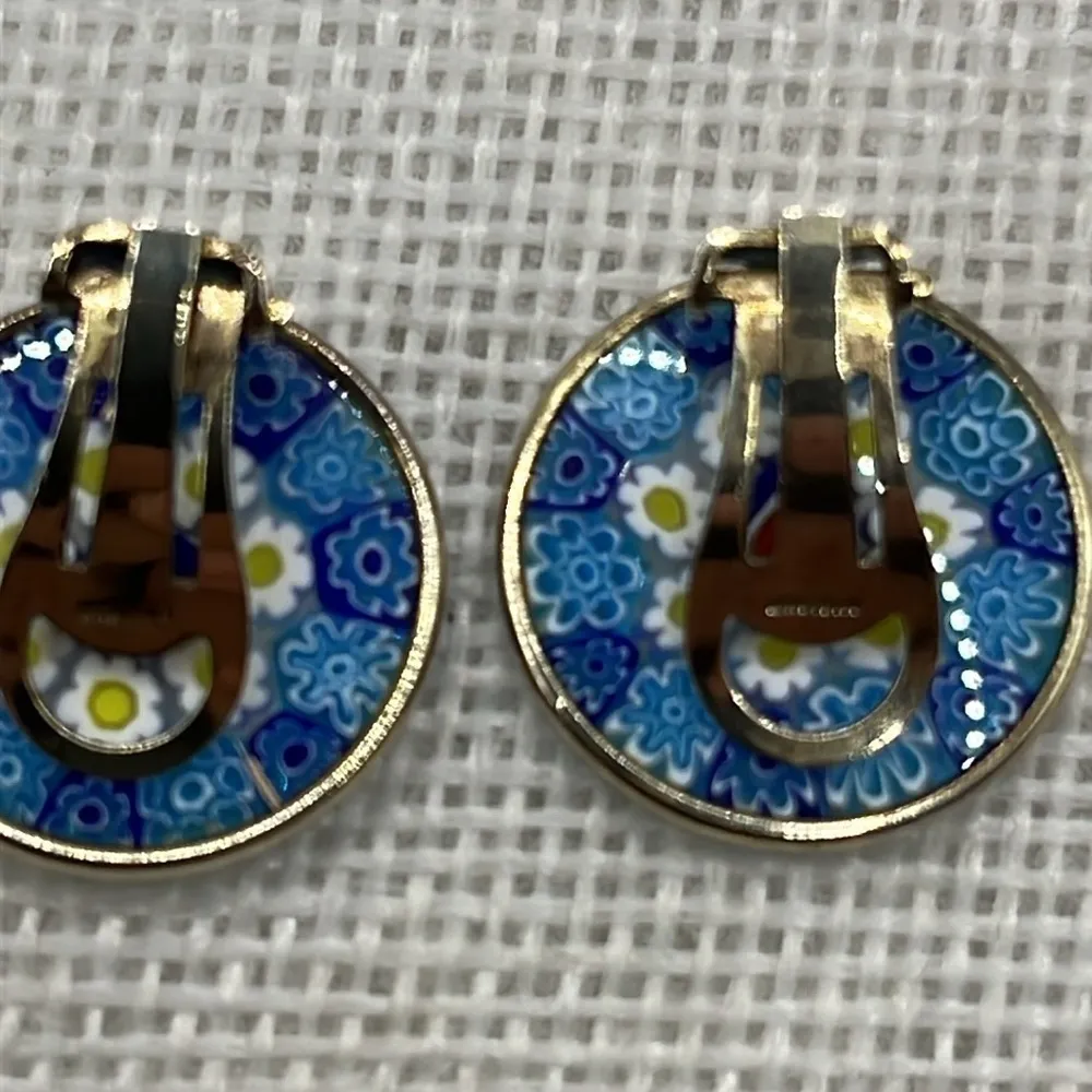 Rare Nicolis Cola Vermeil Sterling Round Millefiori Murano Glass Clip Earrings Blue - Image 11