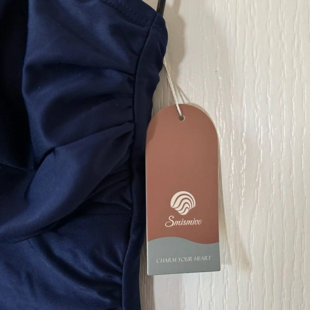 Smismivo Strapless One Piece Tummy Control Swimsuit Ruched Bandeau Navy Blue S - Image 4