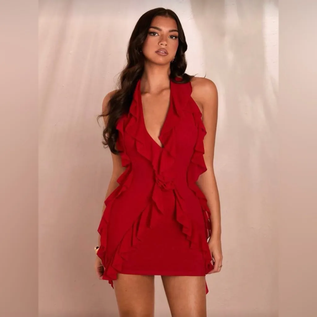 Halter Red Ruffle Mini Dress Sz Lg - Image 2