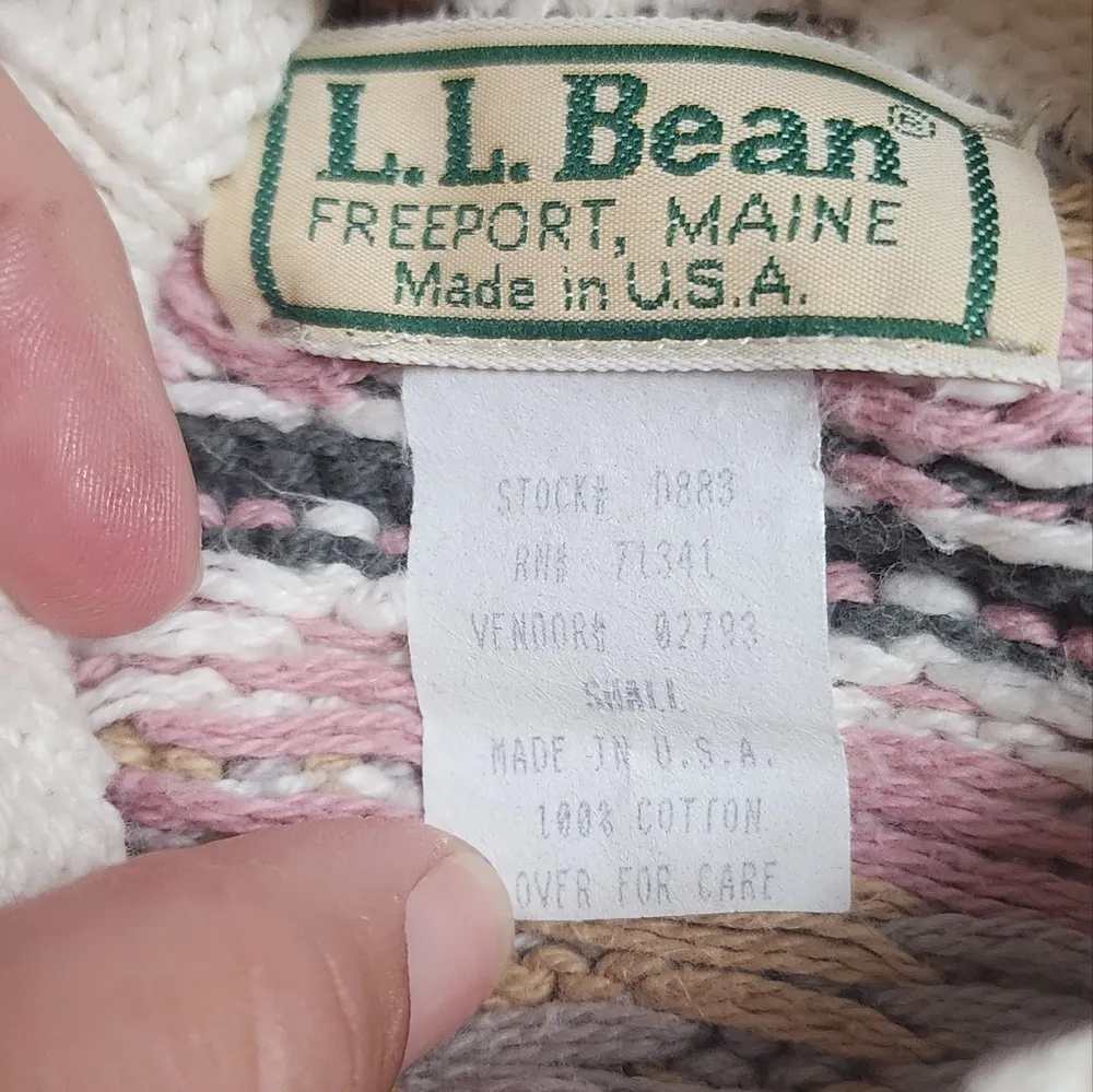 Vintage L.L. Bean Olive & Pink Fair Isle Mockneck Cotton Sweater Size Small - Image 5