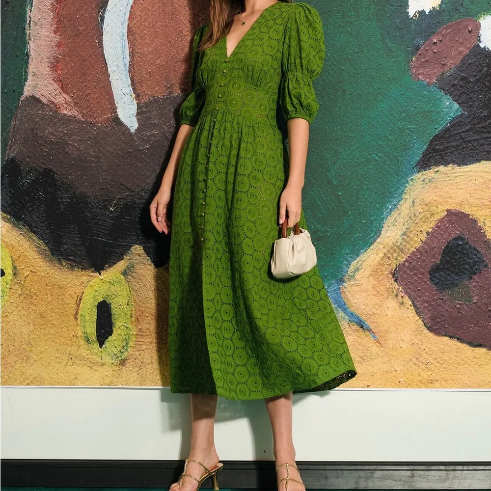 RIHOAS The Puff Sleeve Cutout Slit Maxi Dress, Size S, NWT Green - Image 4