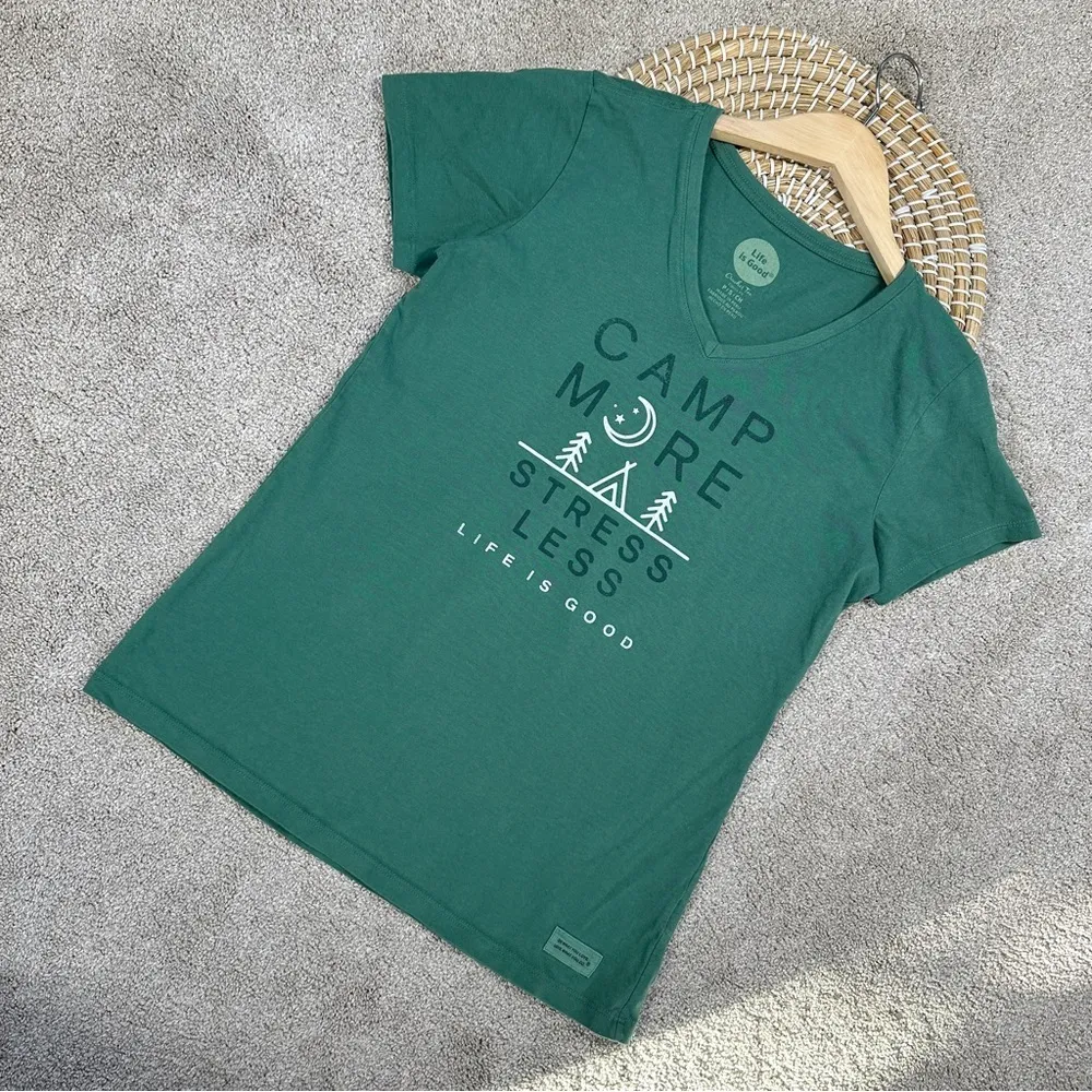 Life is Good Women’s Camp More Stress Les Tee Shortsleeve V-Neck in Green SP - Image 2