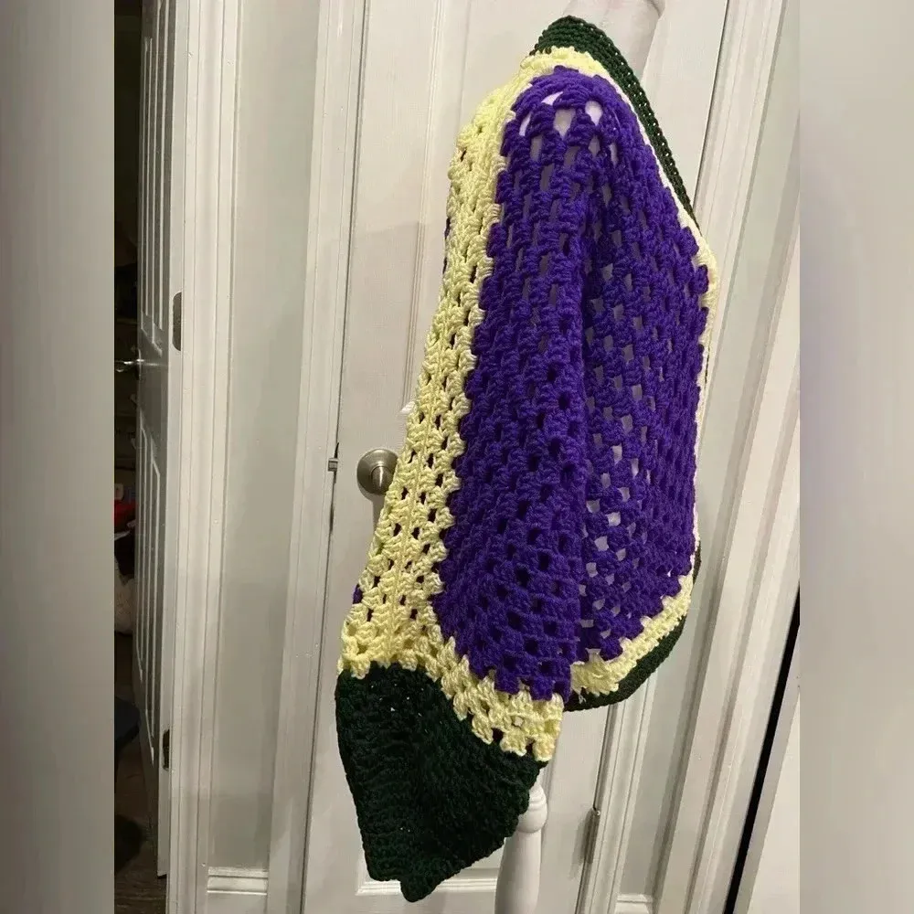 Handmade Crochet Oversized Hexagon Granny Square Open Front Cardigan Sweater OS - Image 2