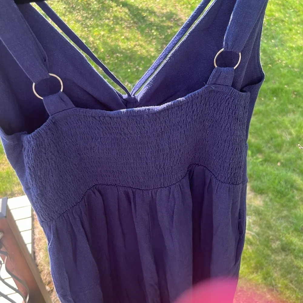 ANRABESS Wide Leg Linen blend Jumpsuit Dressy V Neck romper size Medium Blue - Image 8