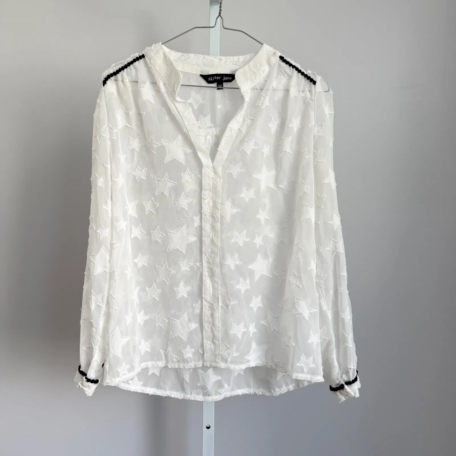 Sister Jane White Star Sheer Blouse Women's Top M Long Sleeve Button Down Office Size M - Image 2