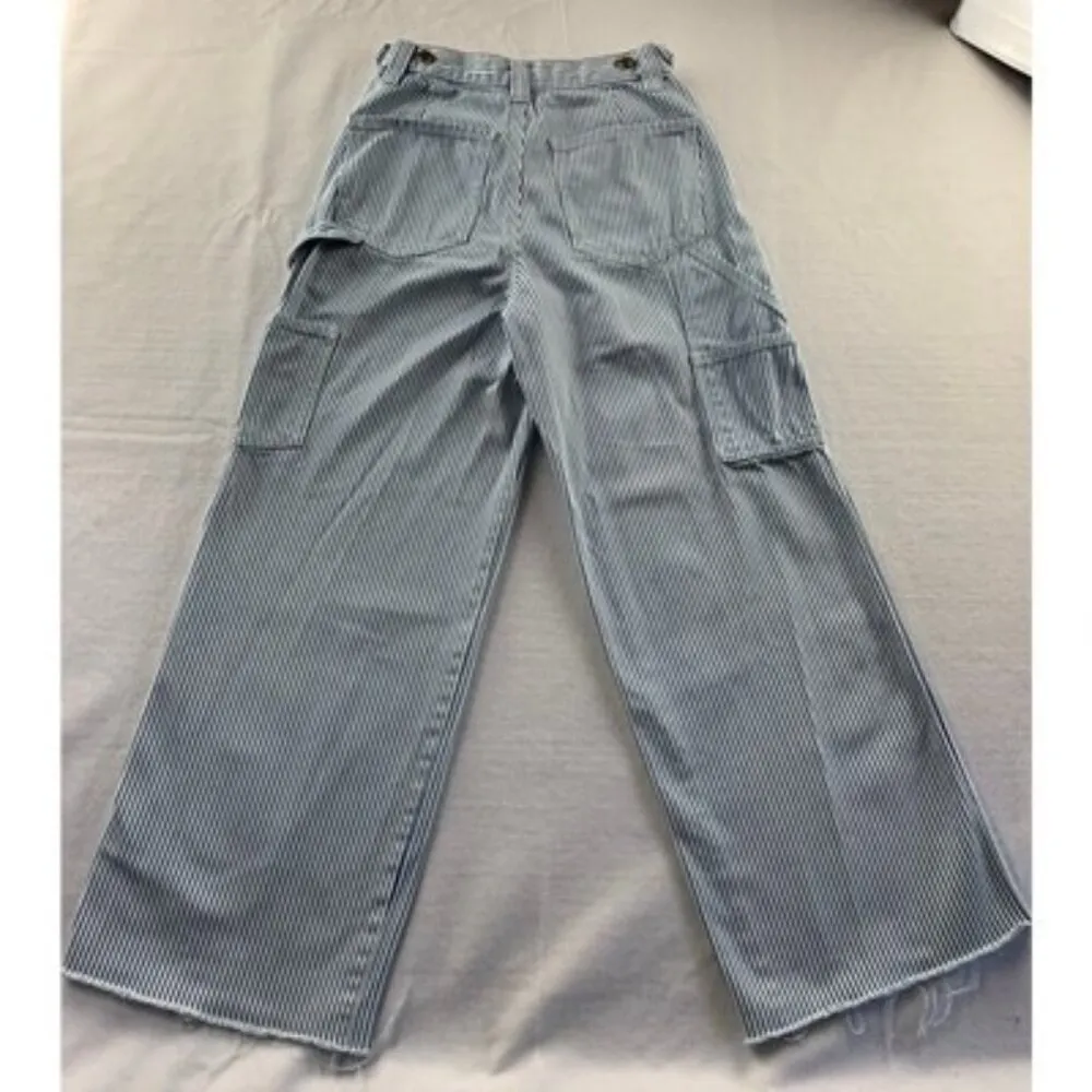 Stradivarius Womens High-Waisted Blue & White Striped Cargo Pants Size 36 - Image 1