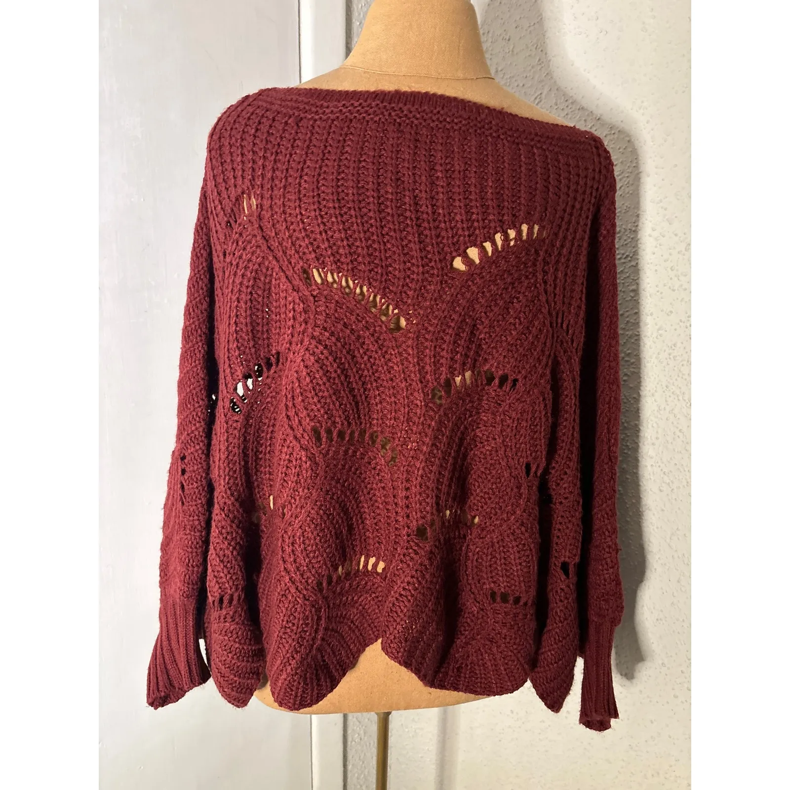 SHEIN Burgundy Chunky Sweater Poncho Sleeves S Grandmacore Cozy Comfy Winter - Image 2