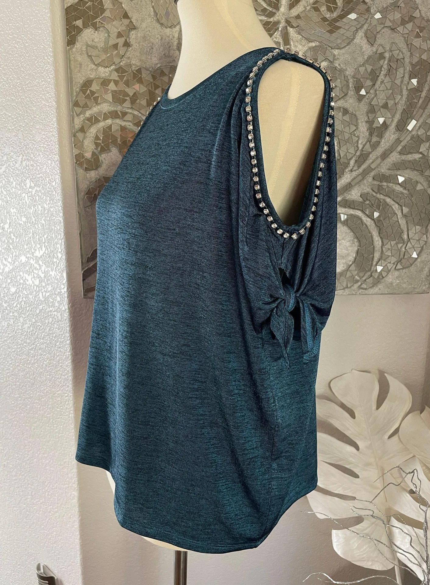 Teal Rhinestone Cold Shoulder Top - Image 2