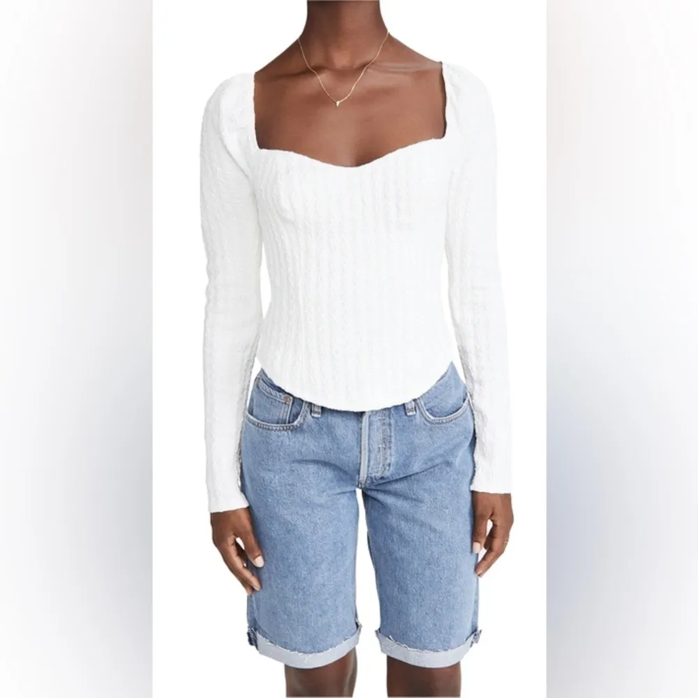Free People Brittany White Ribbed Puff Sleeve Longsleeve‎ Top Size Small - Image 3