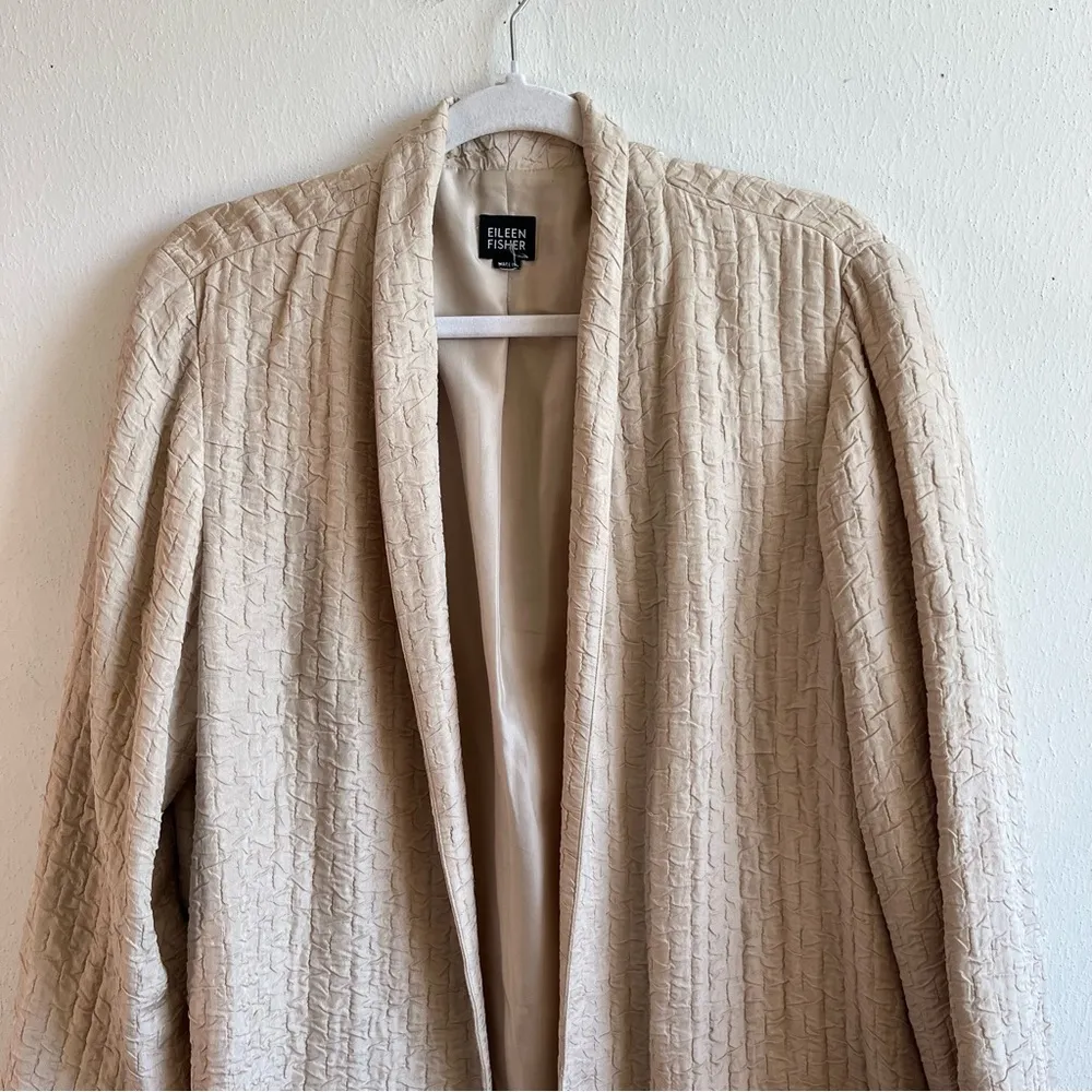 Eileen Fisher Jacket Tan Silk & Linen Open Front Crinkle Look Blazer EUC Sz M(?) - Image 2