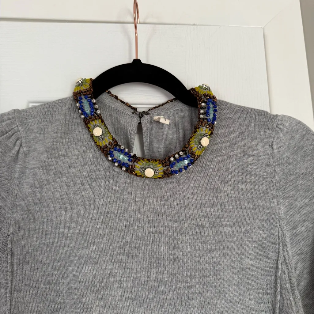 Anthropologie Moth Embellished Beaded Collar Grey Silk Cotton Blend Sweater Top - Image 2