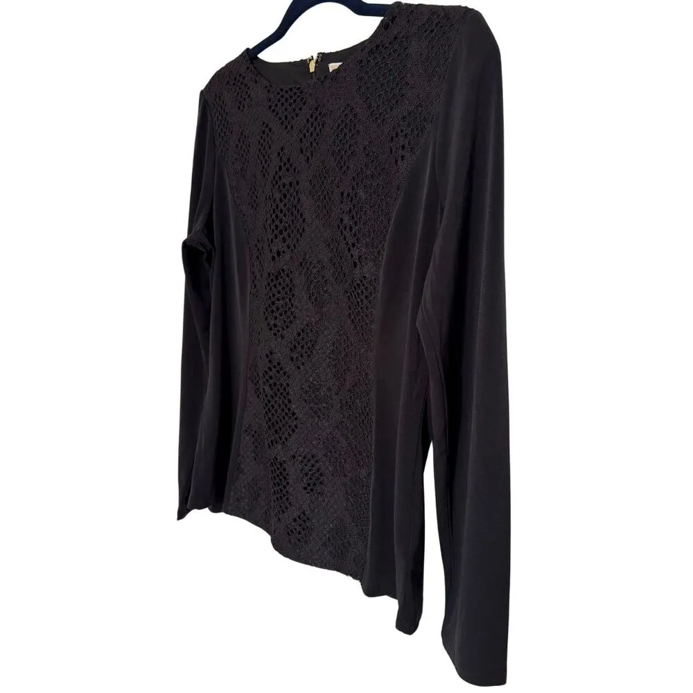 MICHAEL KORS Snakeskin Lace Crochet Longsleeve Black Round Neck Blouse NWT Large - Image 2