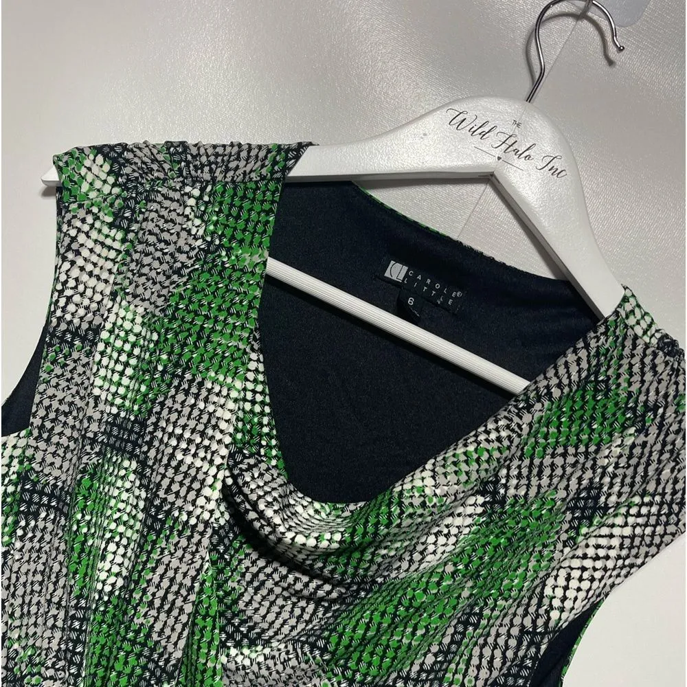 Flattering Geometric Faux Wrap Dress Sleeveless Black Green White Stretchy Sz 6 - Image 7