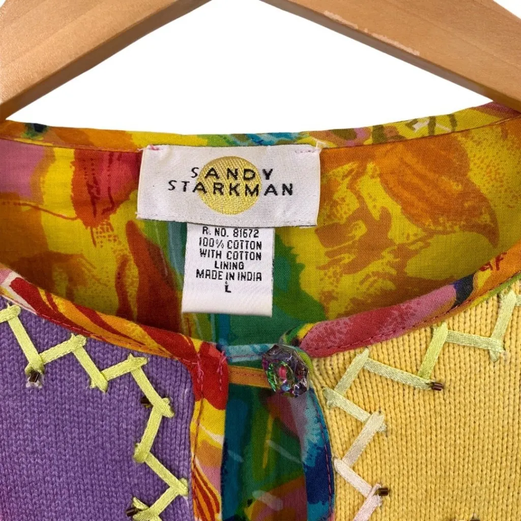 Sandy Starkman Multicolor Floral Patchwork Cotton Cardigan Sweater Size Large Pink - Image 4