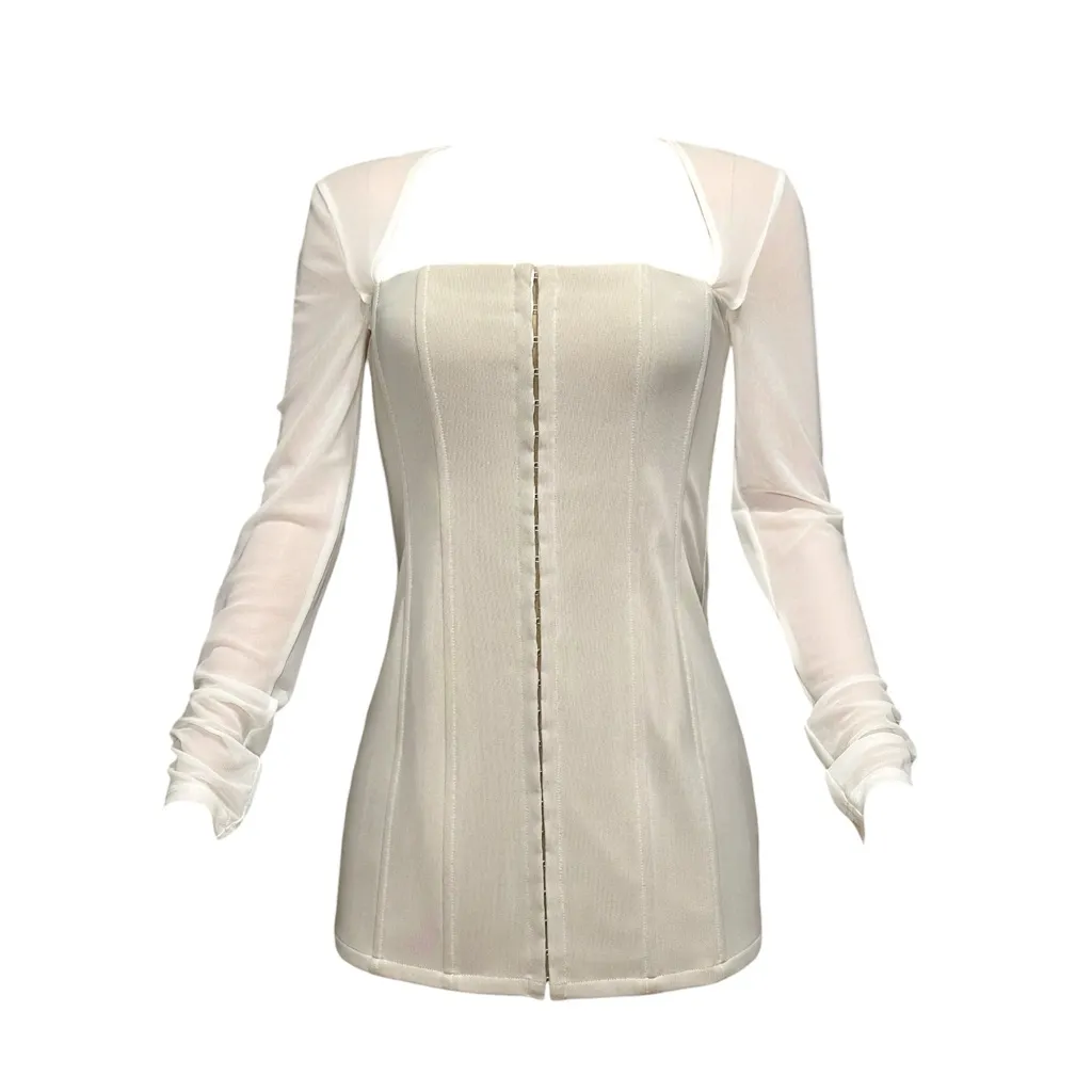WITH JÉAN Al Long Sleeve Corset Mesh Mini Dress, White, Medium - Image 9