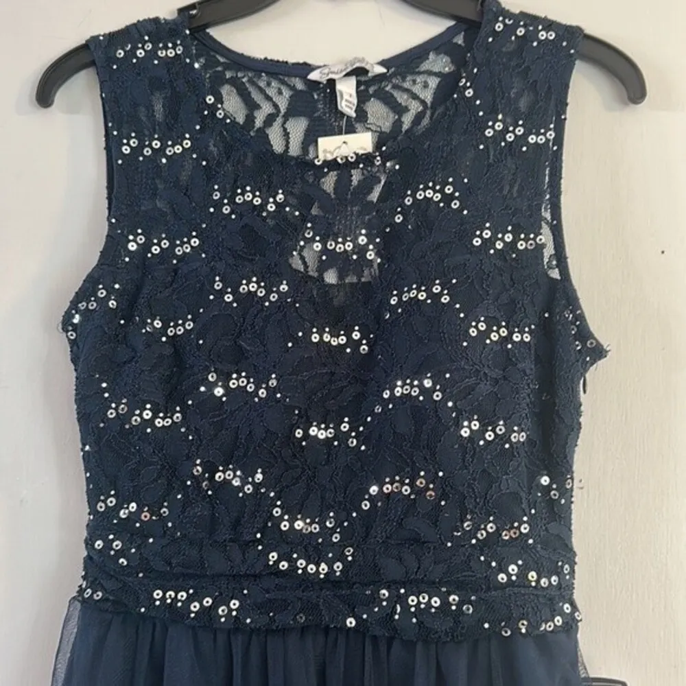 Speechless Semi Formal Fit & Flare Cocktail Sequin Lace Sheer Navy Dress 7 - Image 4