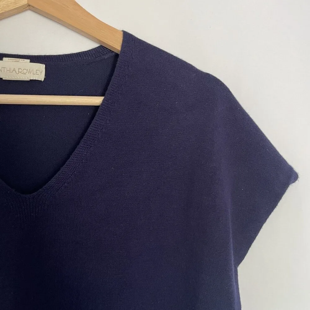 Cynthia Rowley Sz S v-neck knit short sleeved blouse top indigo blue rayon shirt - Image 2