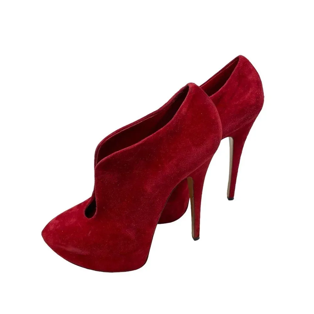 Casadei‎ Red Suede Platform Slip On Ankle Tulip Cut Out Booties Heels Size 6 - Image 4
