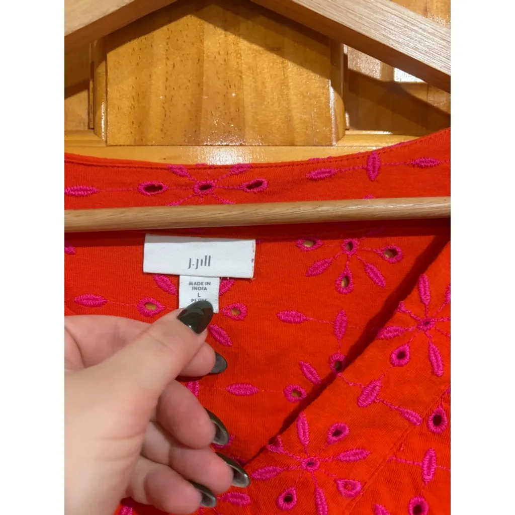 J Jill Orange Pink Embroidered Tunic Top Cotton Boho Long Sleeve Size L Petite - Image 3