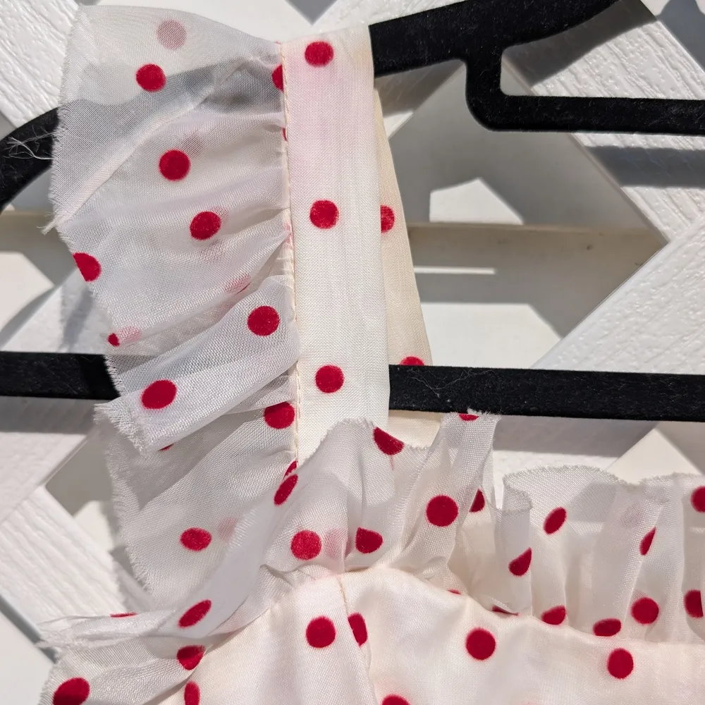 Vintage Nadine 1970's Elegant Cream and Red Polka Dot Prom Dress Size 7 - Image 6