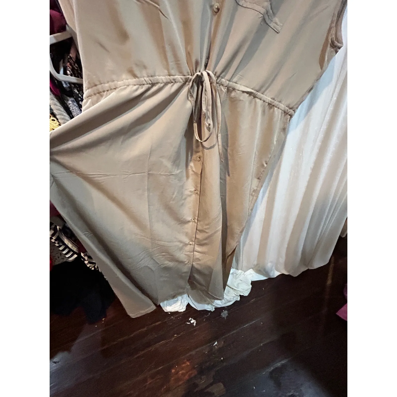 Old Navy Womens Sleeveless Shirt Dress Pockets‎ Drawstring Waist Tan Large - Image 3