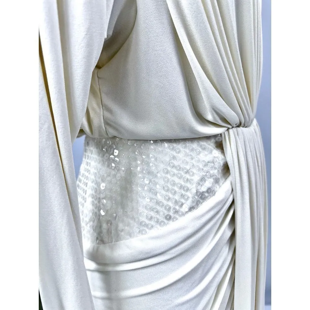 80s Mob Wife Tadashi Draped Dress  Sz 6 Cream Jersey Wiggle Sequin Waist Wiggle - Image 4