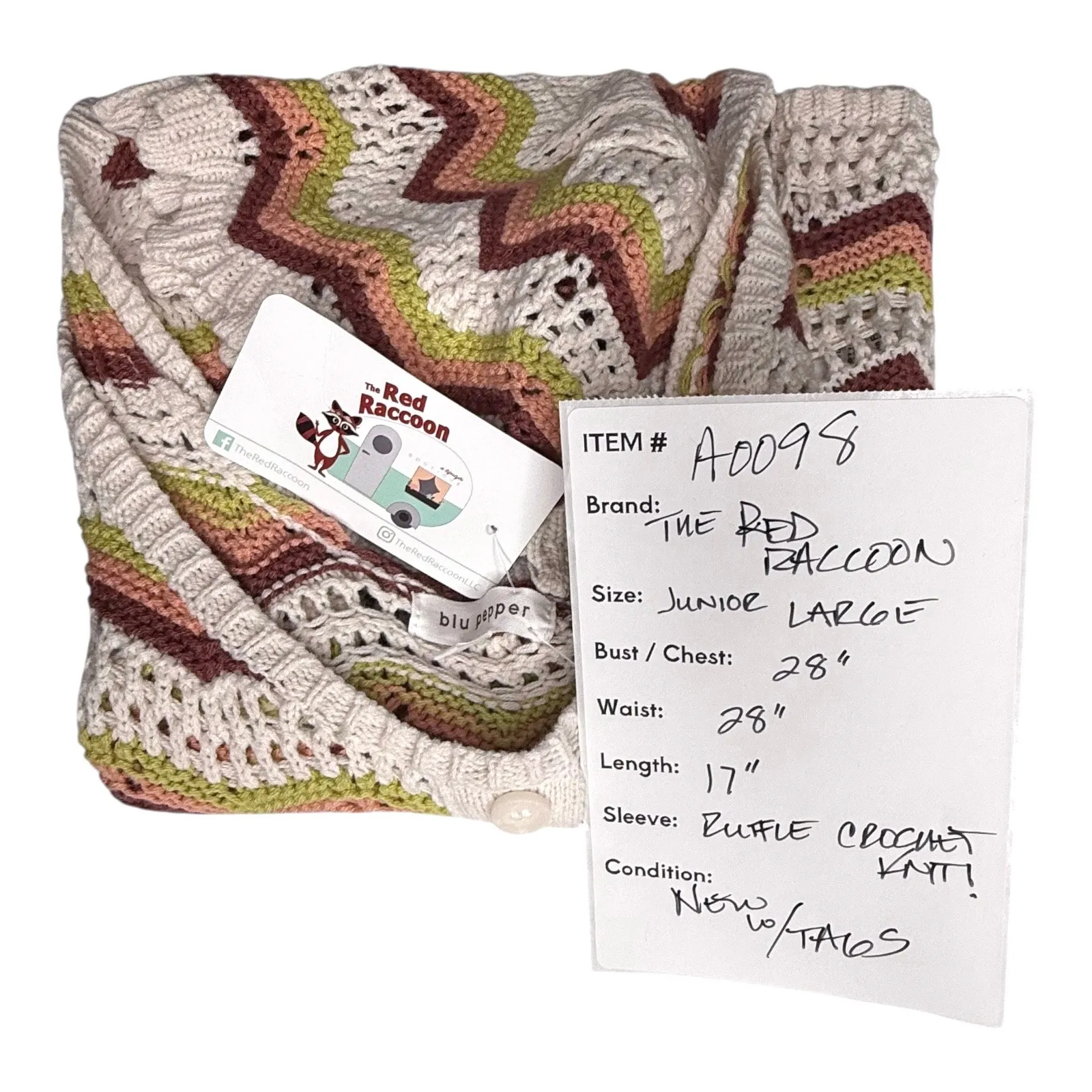 Chevron CROCHET TOP Women's LG Knit Red Raccoon Blu Pepper Pink Cotton Crop NWT - Image 6