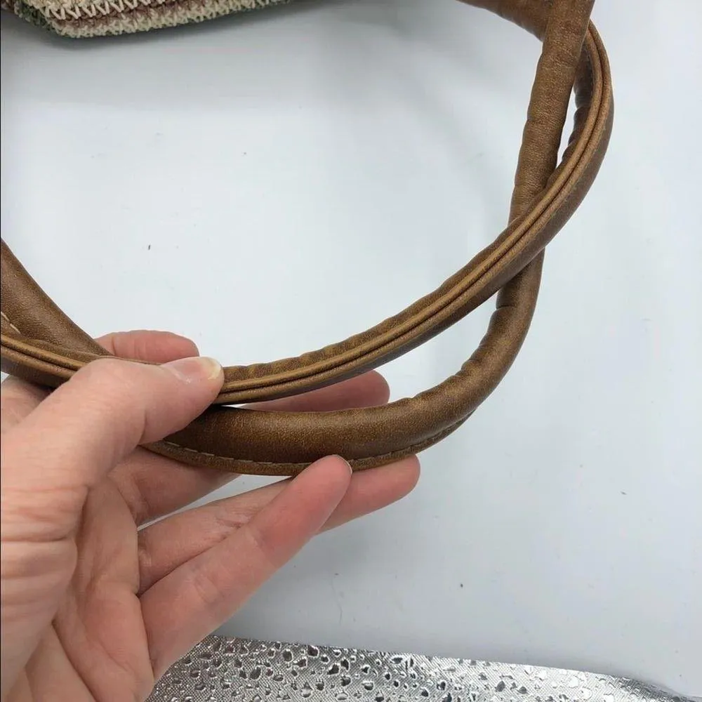 Blue & Tan Woven Shoulder Handbag Faux Leather Straps Beachy Hobo Boho Bag - Image 5