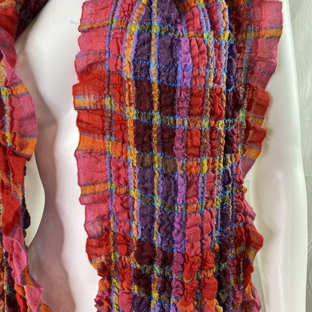 FRAAS Crinkled Fringe Trim Scarf‎ Colorful Plaid Wrap Layering Statement Womens Orange - Image 2