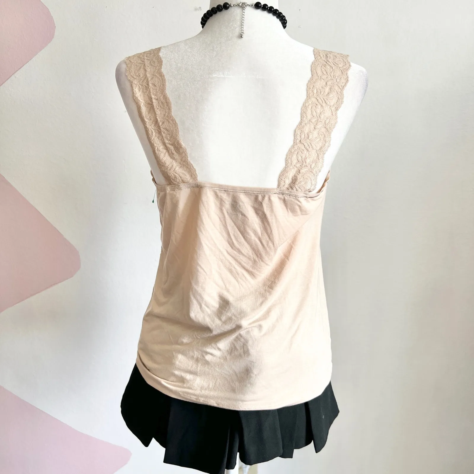 Beige‎ Lace Trim Tank Top, Y2K Coquette Vintage Western Boho, XL - Image 3
