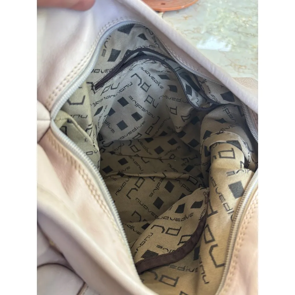 NUOVEDIVE Beige/PINK Leather Hobo Shoulder Bag With Adjustable Strap & Zippered - Image 3