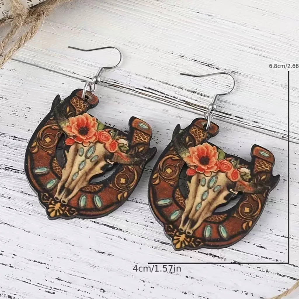 Western bullhead flower pattern wooden drop‎ earrings Brown - Image 7
