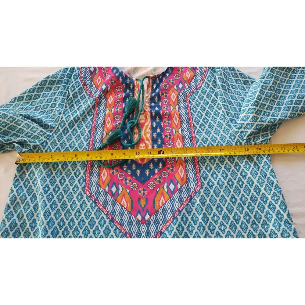 Urban Coco Womens Dress Sz Large Blue Green Geometric Ruched Sleeves Peasant - Image 8